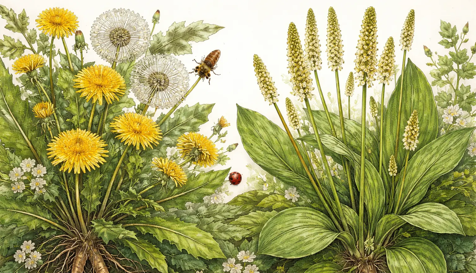 Botanical illustration of dandelion with exposed taproot beside ribwort plantain in flower, with a bee and a ladybird